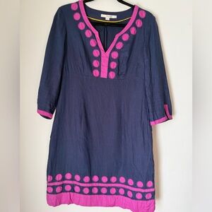 Boden Navy Linen Embroidered Tunic Dress Magenta Polka Dot Trim Shift Dress US 8